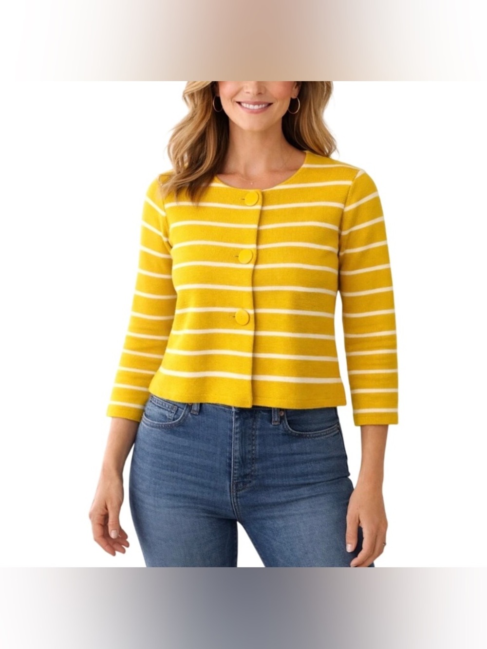 J. Crew Cotton Yellow Striped 3 Button Cardigan Sweater in 3/4 Sleeve; Medium